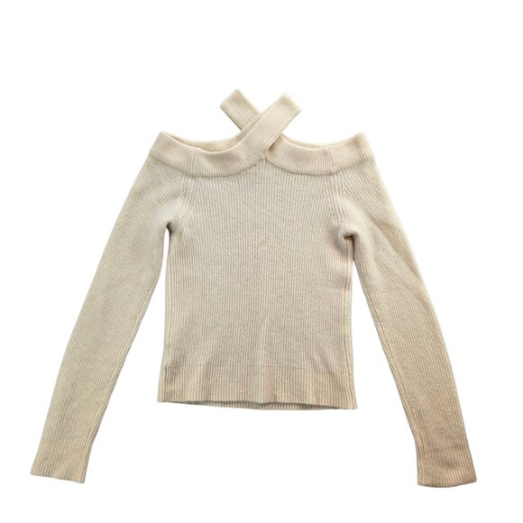 Moth by Anthropologie Cream Cable Knit Criss Cross Open Shoulder Sweater LS sz S - Picture 4 of 11